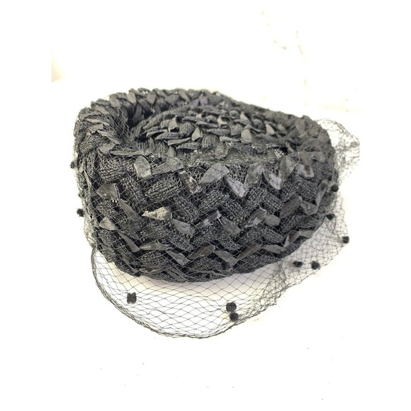 Vintage 60s 50s Dayne Fascinator Hat Union USA Black Straw Classy Jackie Kennedy - Picture 5 of 13